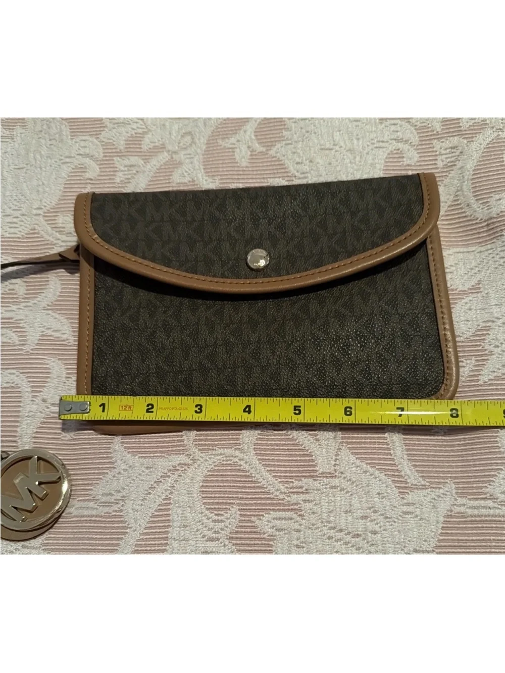 Michael Kors Brown Signature Logo Wristlet with Tan Trim